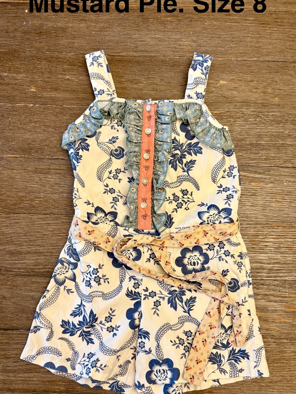 Mustard Pie Cream and Blue Floral Romper with Coral Trim